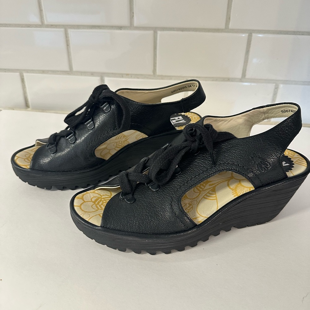 Fly London Black Leather Wedges SZ 40